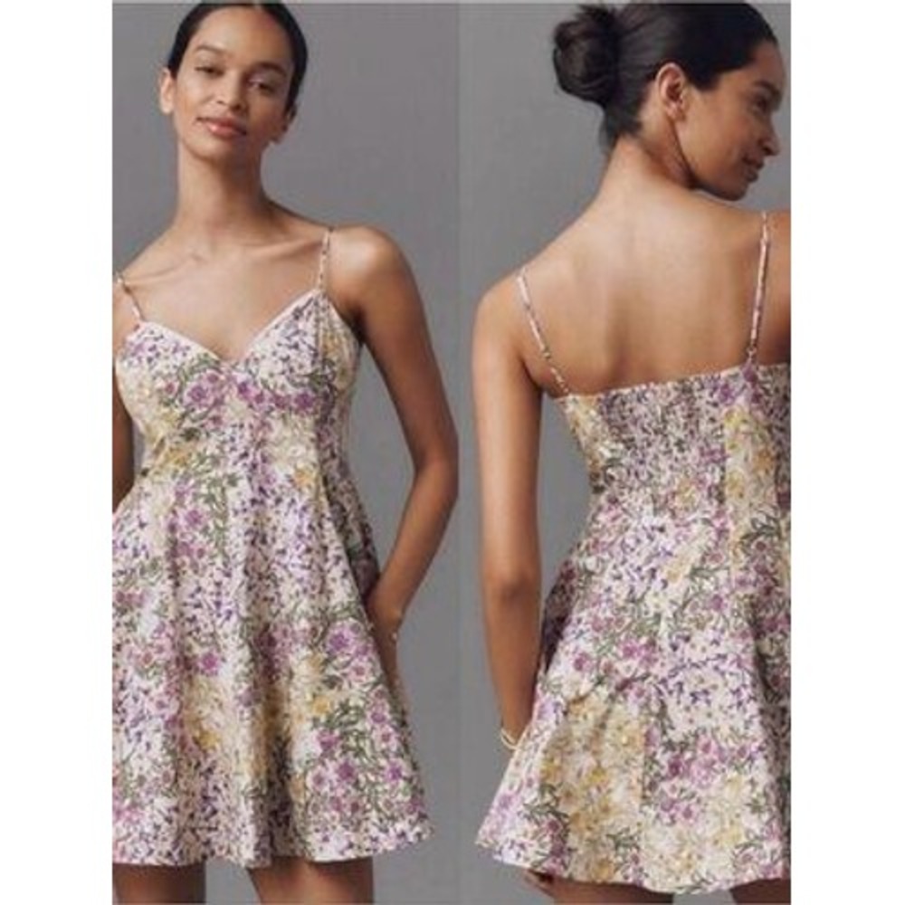 Maeve Mini Dress Women Large Yellow Purple Floral Lace Trim Cotton Smocked Back